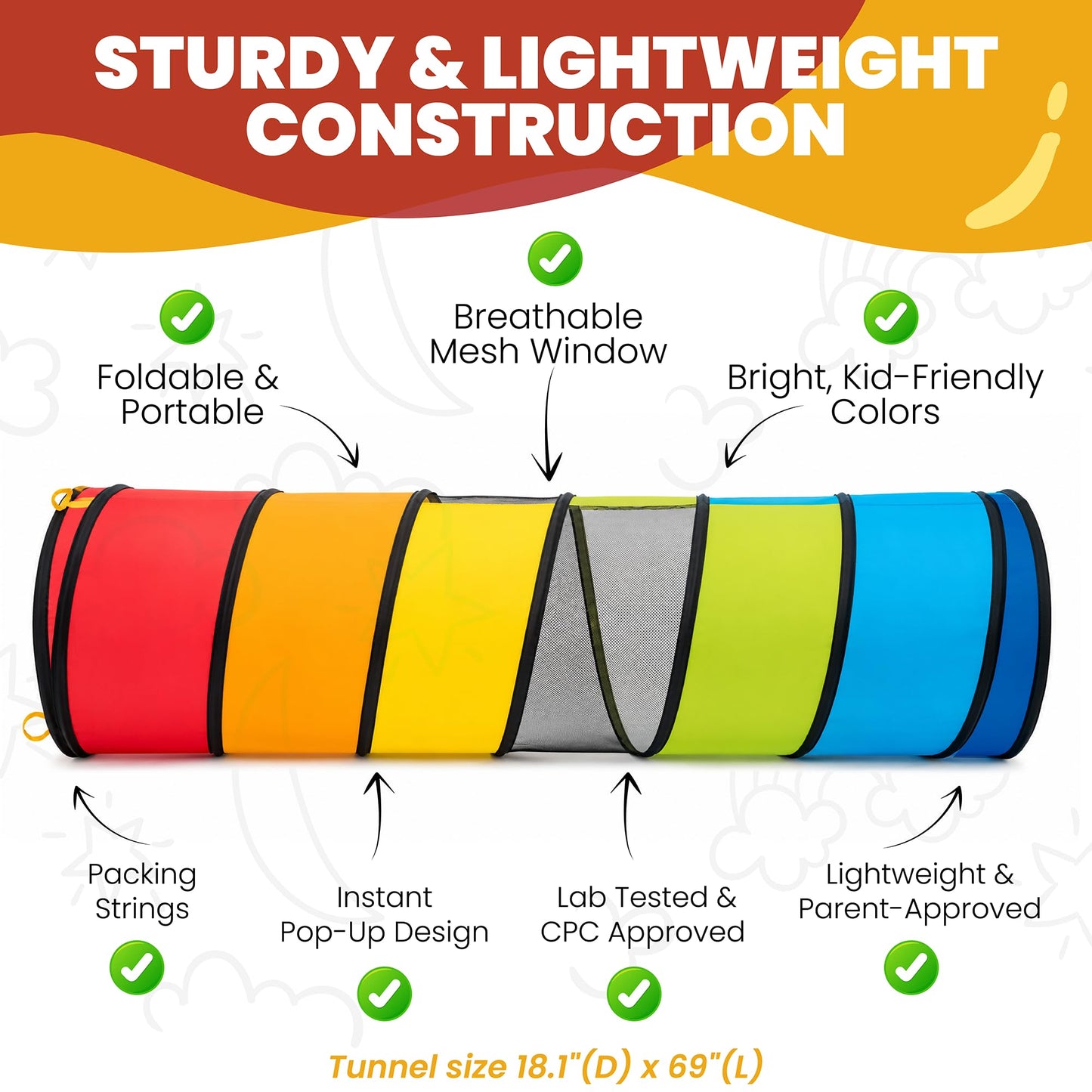 Kids Tunnel Tent for Toddlers & Children - Pop Up Play Tunnel with Crawl Tube & Breathable Mesh Windows for Baby or Pet - Indoor & Outdoor Collapsible
