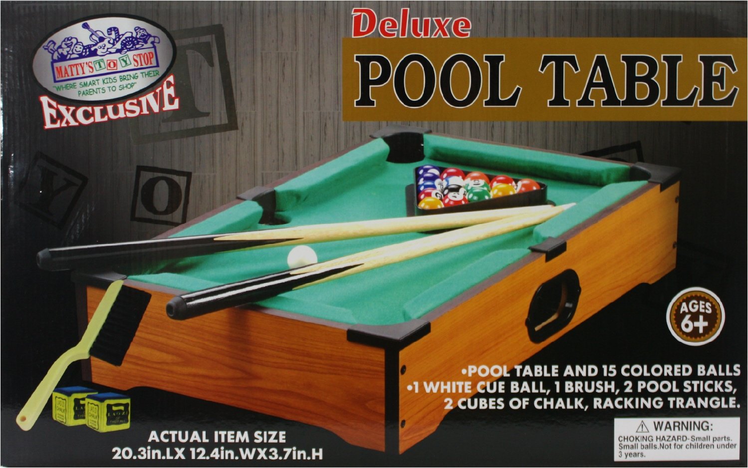 Matty's Toy Stop Deluxe 20" Wooden Table Top Pool (Billiards) Table with 15 Colored Balls, 1 Cue Ball, 1 Brush, 2 Pool Sticks, 2 Cubes of Chalk