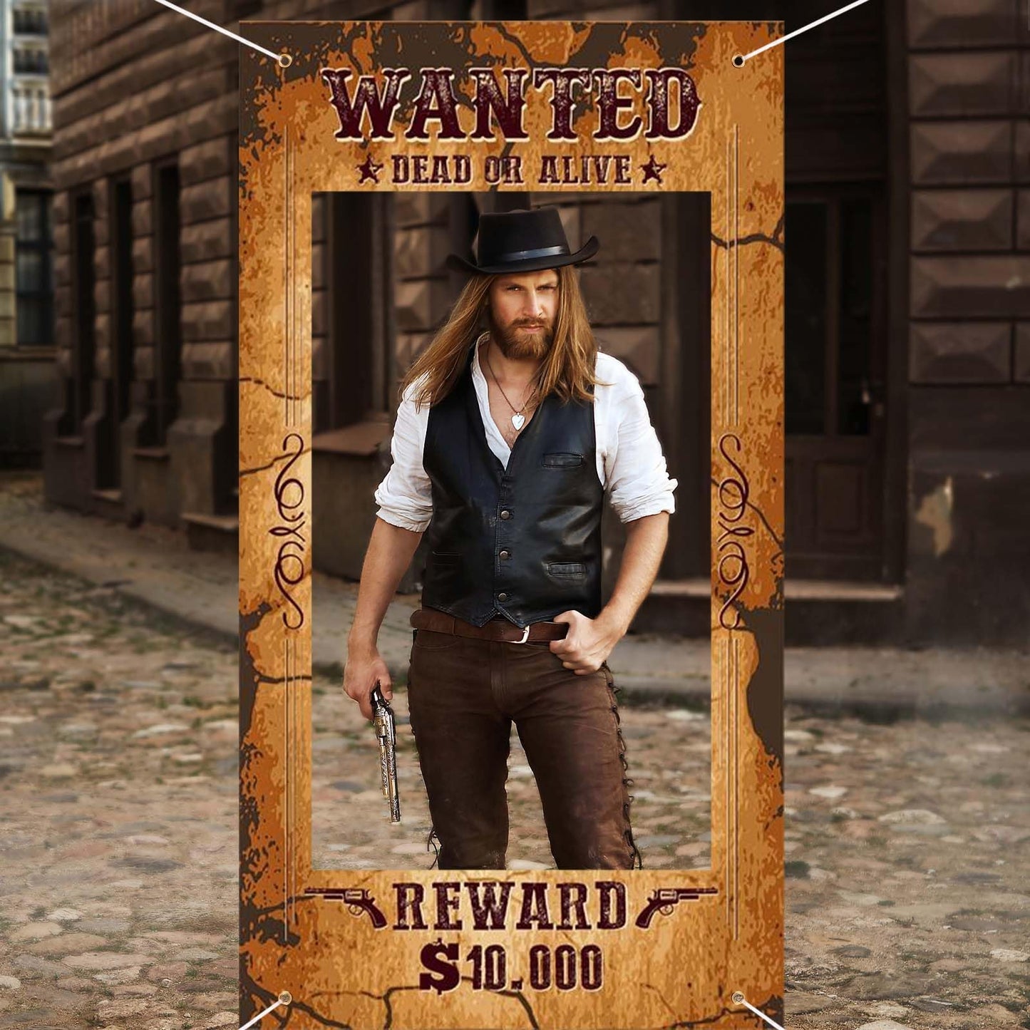 Large Western Wanted Poster Western Cowboy Party Decoration Wanted Photo Booth Frame Wild West Selfie Banner Backdrop for West Cowboy Birthday Party