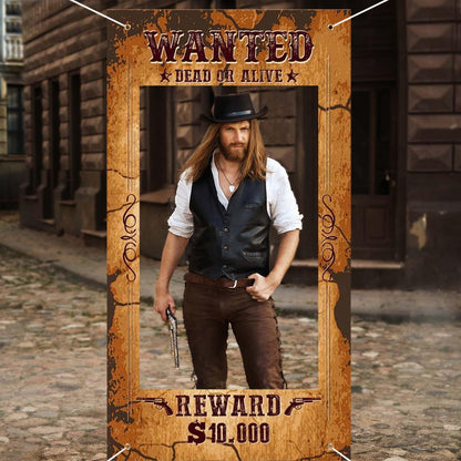Large Western Wanted Poster Western Cowboy Party Decoration Wanted Photo Booth Frame Wild West Selfie Banner Backdrop for West Cowboy Birthday Party