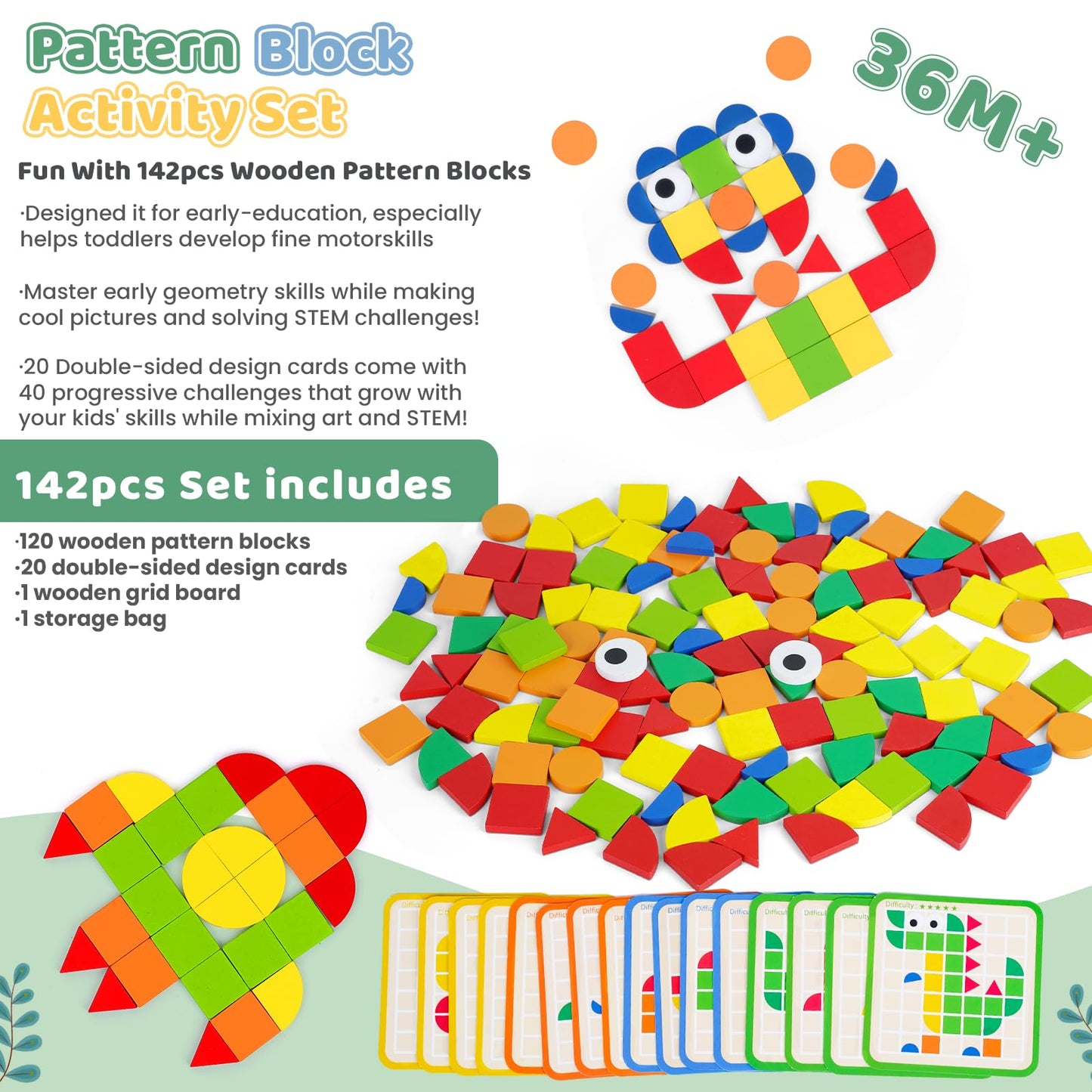 Wooden Pattern Blocks with Grid Board 142PCS Wood Mosaic Tiles Montessori Shape Puzzle Tangrams for Kids with Storage Bag Preschool Educational Toys