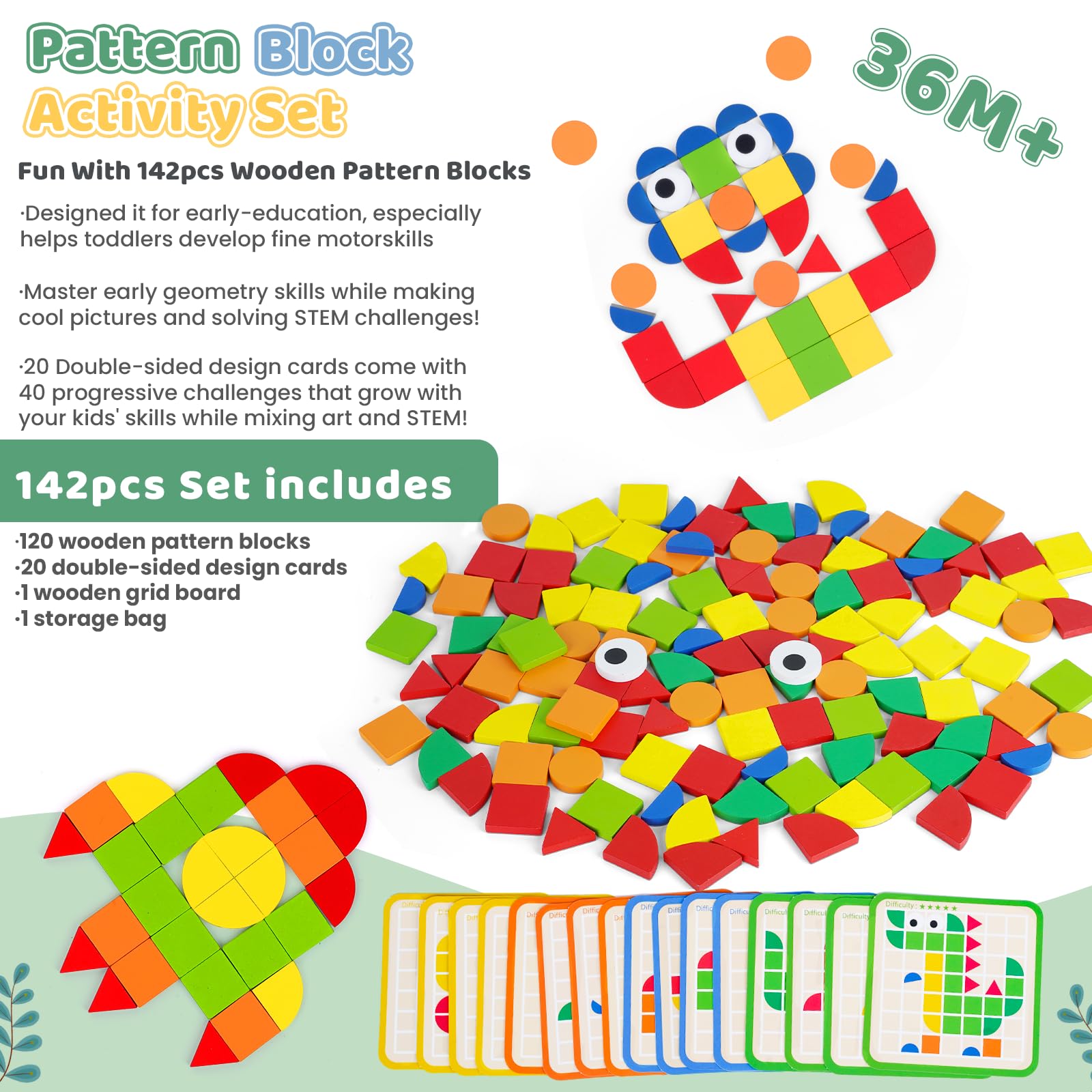 Wooden Pattern Blocks with Grid Board 142PCS Wood Mosaic Tiles Montessori Shape Puzzle Tangrams for Kids with Storage Bag Preschool Educational Toys