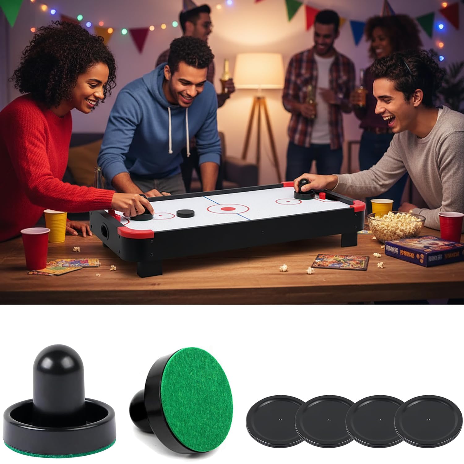 10-piece Set Mini Air Hockey Pushers and Pucks, Strikers Goal Handles Pushers Paddles Air Hockey Table Replacement Accessories, (2 Pushers, 4 Pucks,4