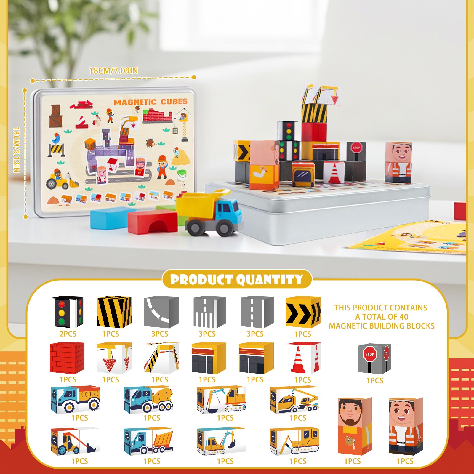 Silkovahamd Travel Magnetic Blocks Toys Portable, 40PCS Construction Magnet Building Tiles Road Trip Activities for Toddlers Kids Ages 3-8, STEM