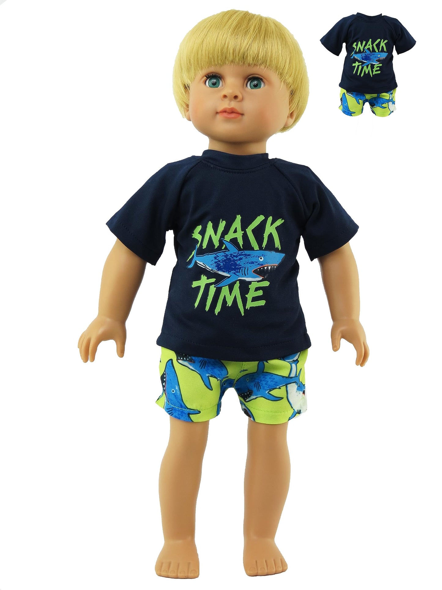 American Fashion World Boy’s Shark Snack Time Rash Guard and Swim Trunk for 18-Inch Dolls | Premium Quality & Trendy Design