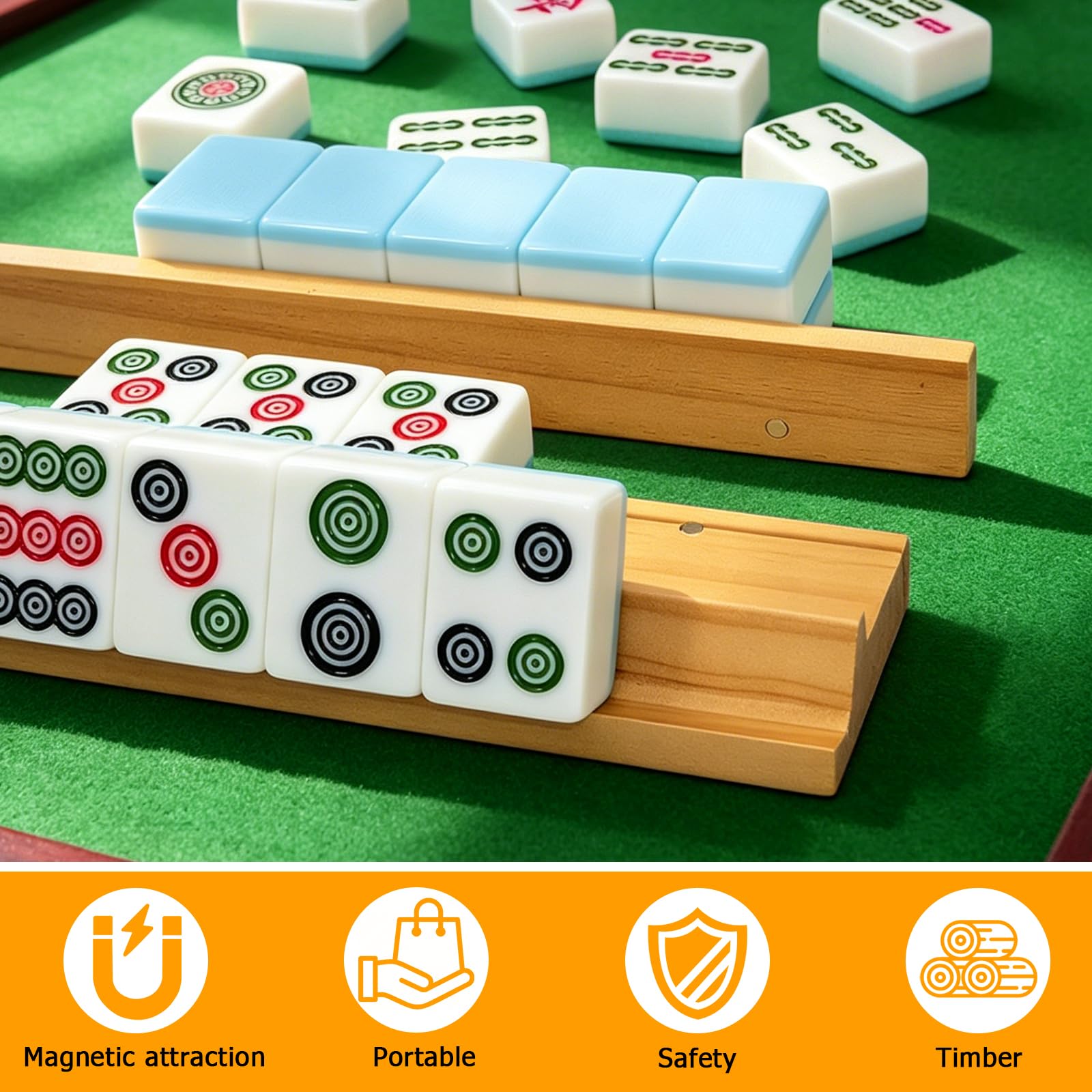 Magnetic Wooden Mahjong Racks with Pushers Set of 4, Including 4 Magnetic Racks, 4 Pushers, 40 Chips, 4 Dice, Mahjong Rack Bags,Chip Dice Bundle
