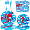 80 Pcs Airplane 2nd Birthday Party Decorations Two Fly Disposable Paper Dinner Plates Napkins Forks Dinnerware for Aviation Theme Boys 2nd Birthday
