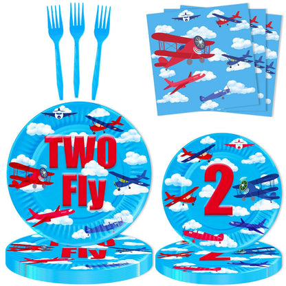80 Pcs Airplane 2nd Birthday Party Decorations Two Fly Disposable Paper Dinner Plates Napkins Forks Dinnerware for Aviation Theme Boys 2nd Birthday