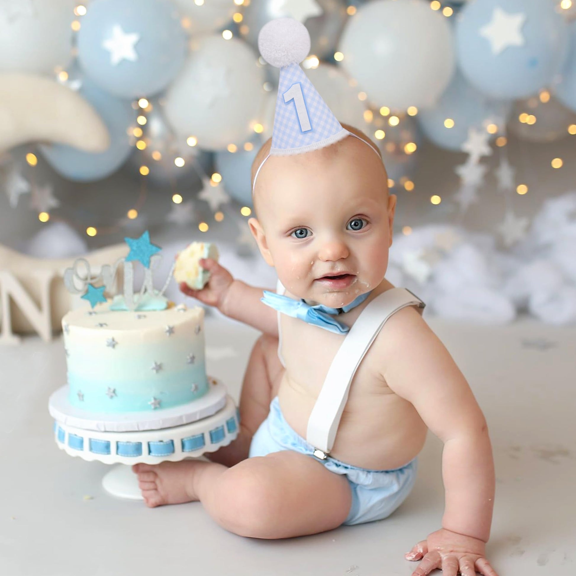 LINGANA Blue White Gingham 1st Birthday Hat - Simple One Birthday Party Decorations,First Cake Smash Photo Prop,Blue and White Plaid Cone Hat,Cute
