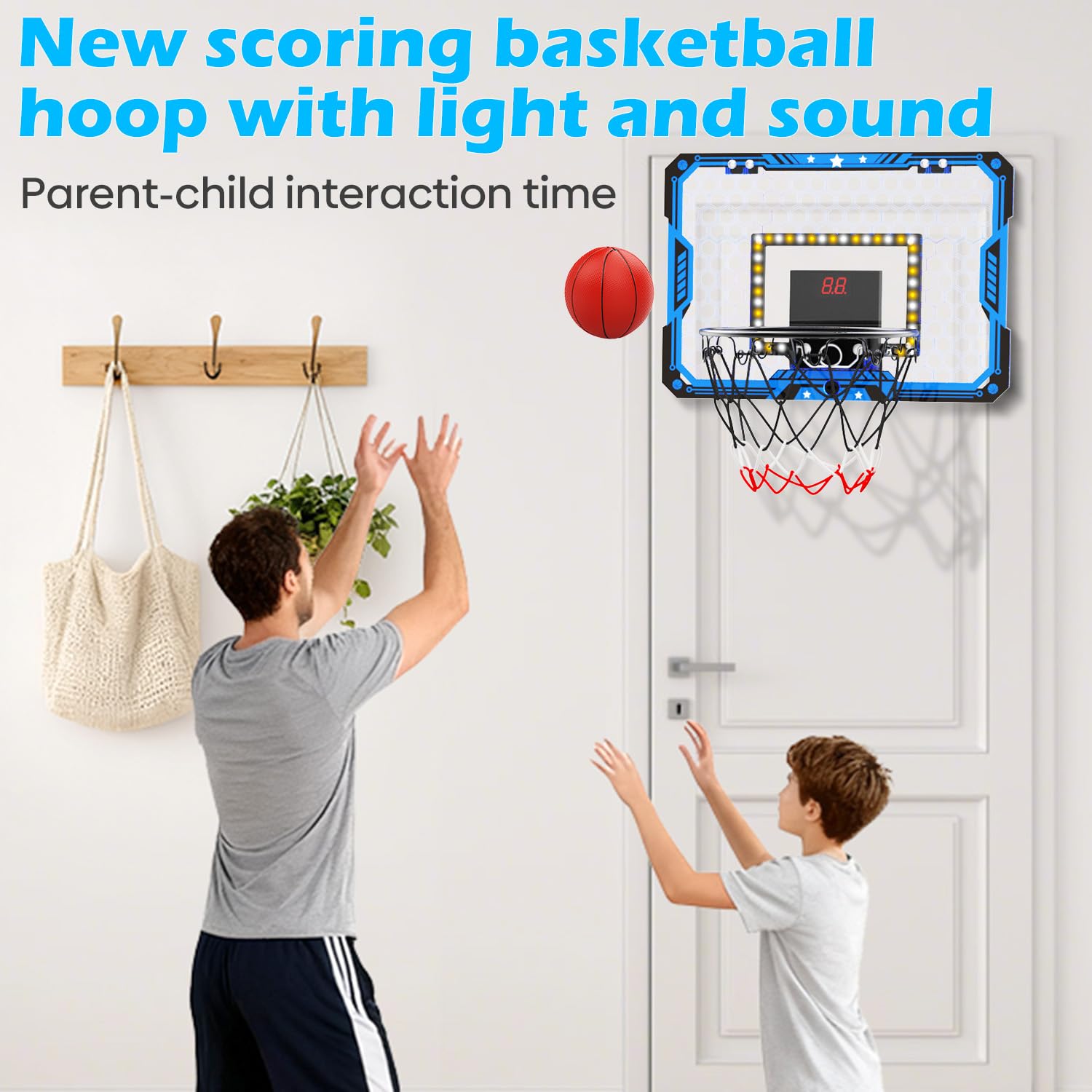 Indoor Basketball Hoop for Kids, Over the Door Mini Basketball Hoop Set with LED Lights, Scoreboard, 4 Balls & Sound Effects - Indoor Toys Gift