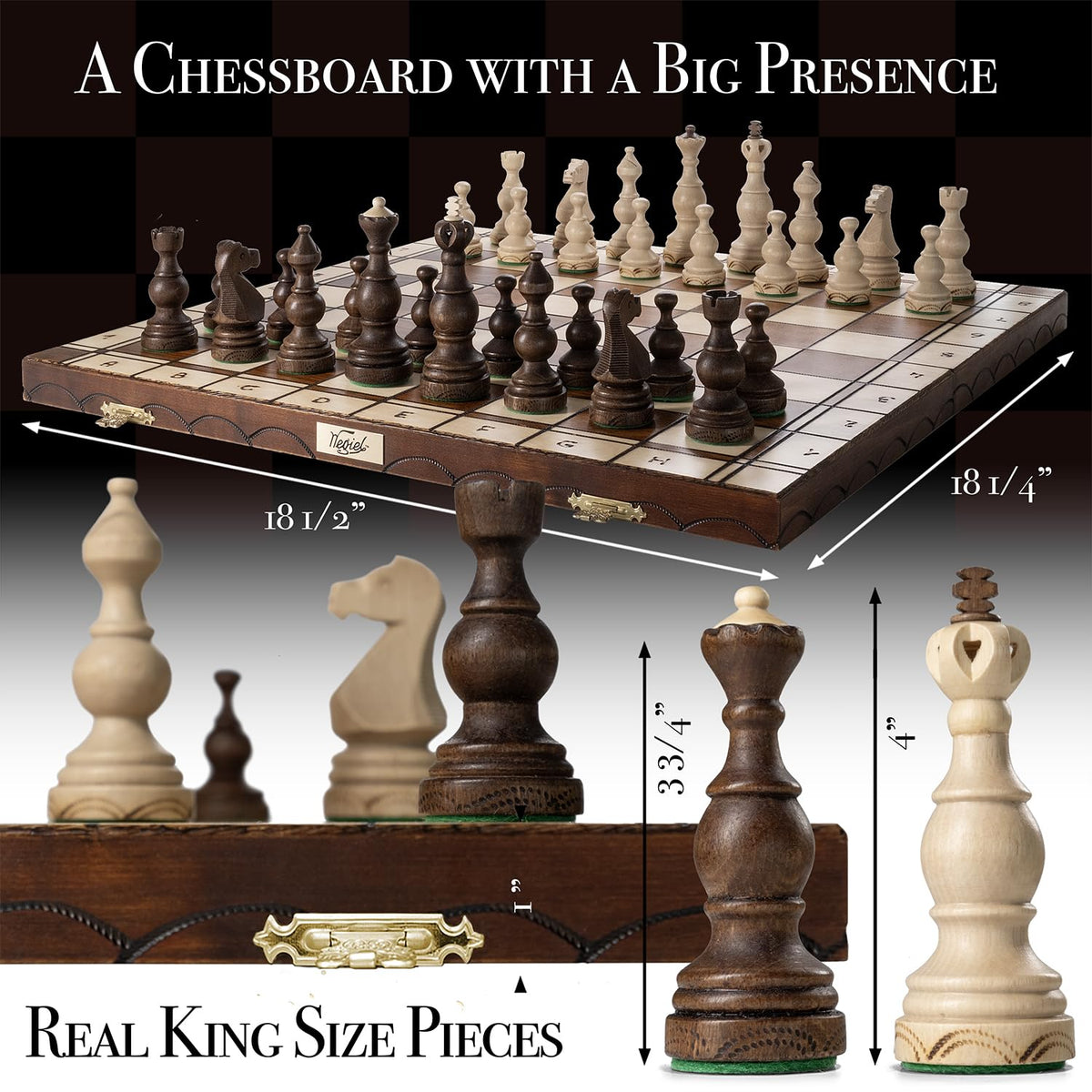 Wegiel Legate Luxury Wooden Chess Set for Adults and Kids - 18 Inch Handcrafted from Premium Beech and Birch Wood - Unique Folding Design with Chess