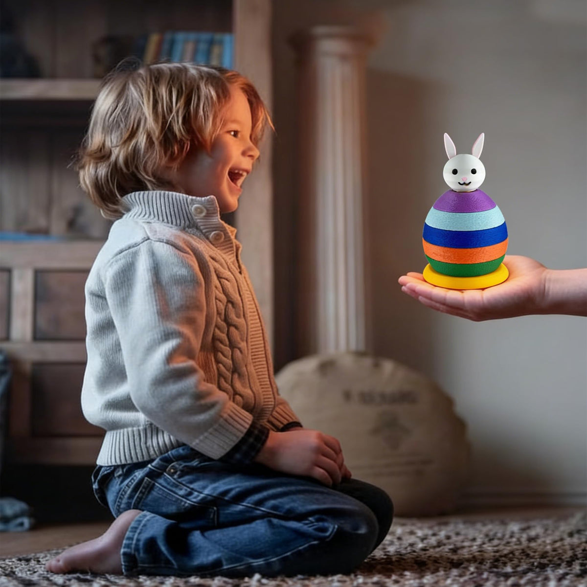 JASSBOOY Montessori Stacking Toy 3D Rabbit Eggs Spinning Rainbow Stacker, Sensory & Educational Brain Development Toy for Toddlers, Fine Motor Skills