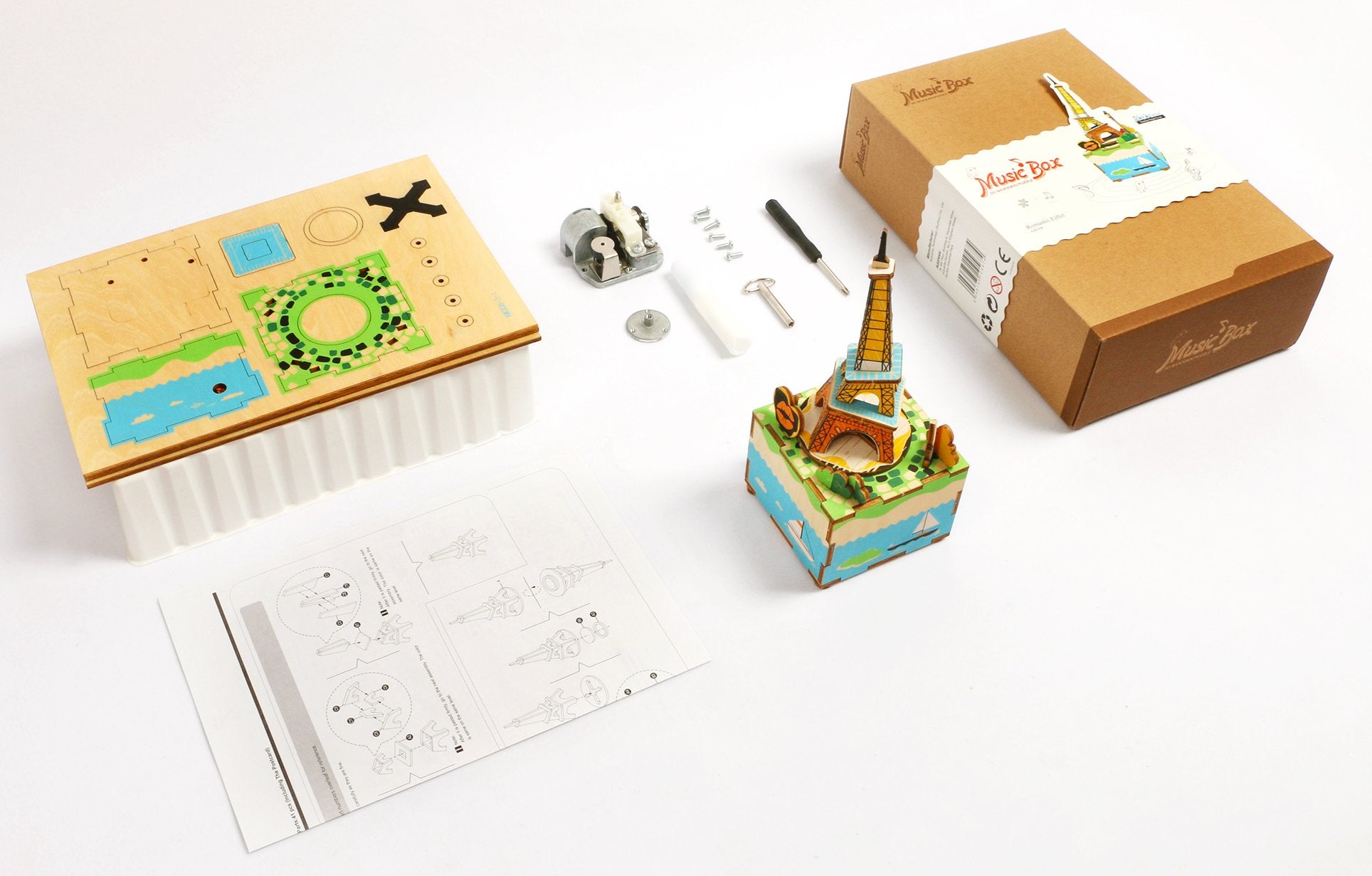 Hands Craft DIY 3D Music Box Wooden Puzzle - Romantic Eiffel Laser Cut Assembly Model Building Kit Brain Teaser Puzzles Educational STEM Toy