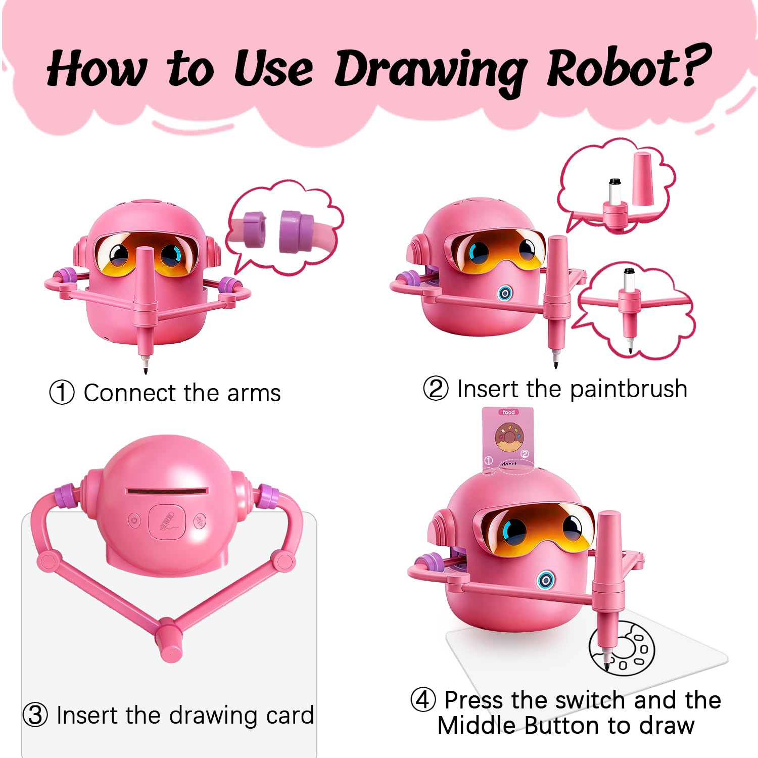 CaraSuL Drawing Robot for Kids with 100 Cards, 12 Colorful Pens & 4 Paintbrushes Montessori Painting Toys for 3-12 Years Old, Voice Read Early