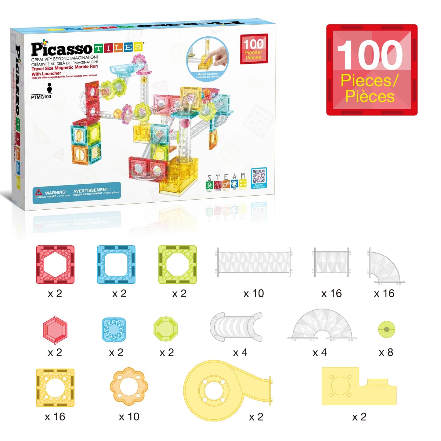 PicassoTiles 100pc Magnetic Marble Run Travel Size Tile Blocks Construction Kids Toy Set On The Go Mini Magnet Tiles Marbles Playset for Race Track