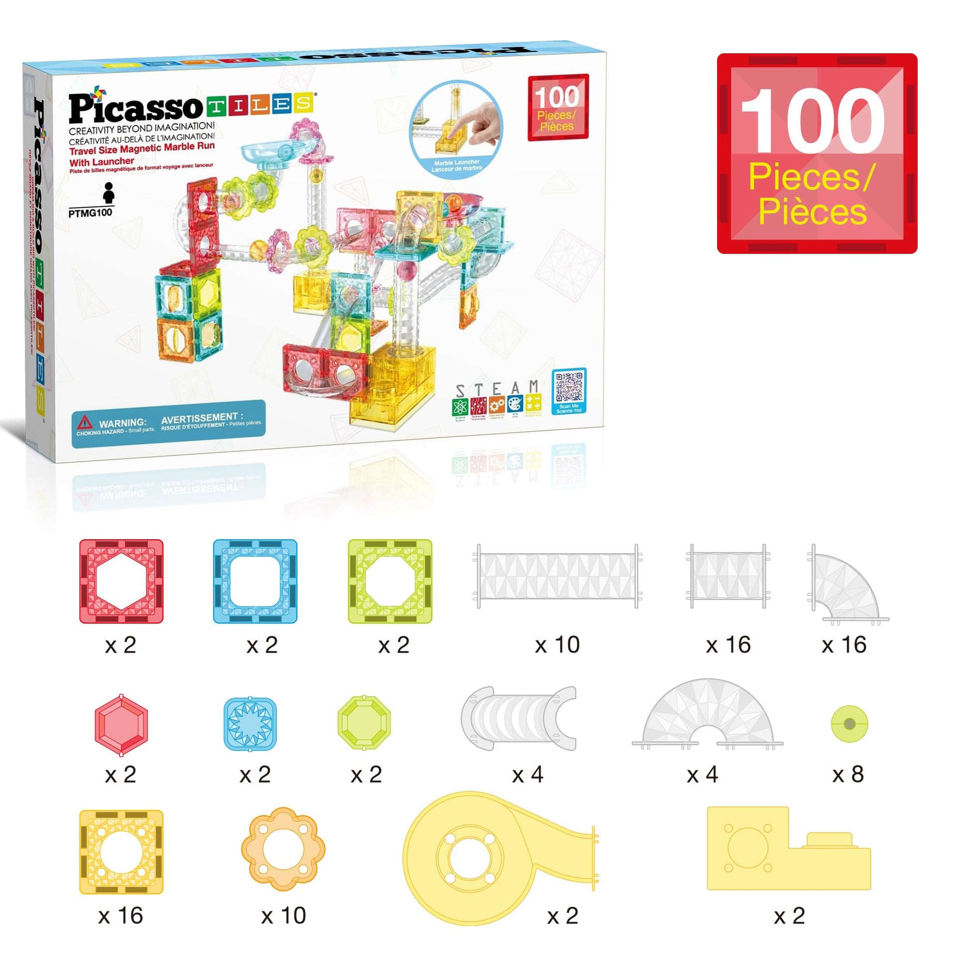 PicassoTiles 100pc Magnetic Marble Run Travel Size Tile Blocks Construction Kids Toy Set On The Go Mini Magnet Tiles Marbles Playset for Race Track