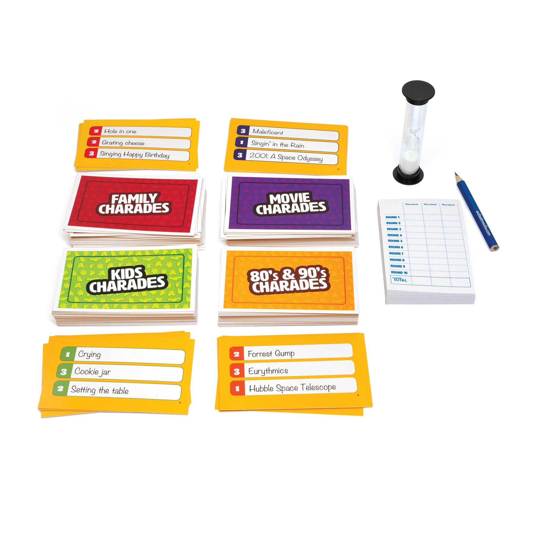 Outset Media Family Charades Game; 4 Games in 1 Box. Includes Movie, 80's 90's, Kids, Family Trivia for 2 or More Players, Ages 7 and up.