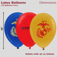U.S. Marines Party Balloons (10pcs) 12” Latex Balloons in Red, Gold, and Blue with contrasting print on 2 sides. Officially Licensed by