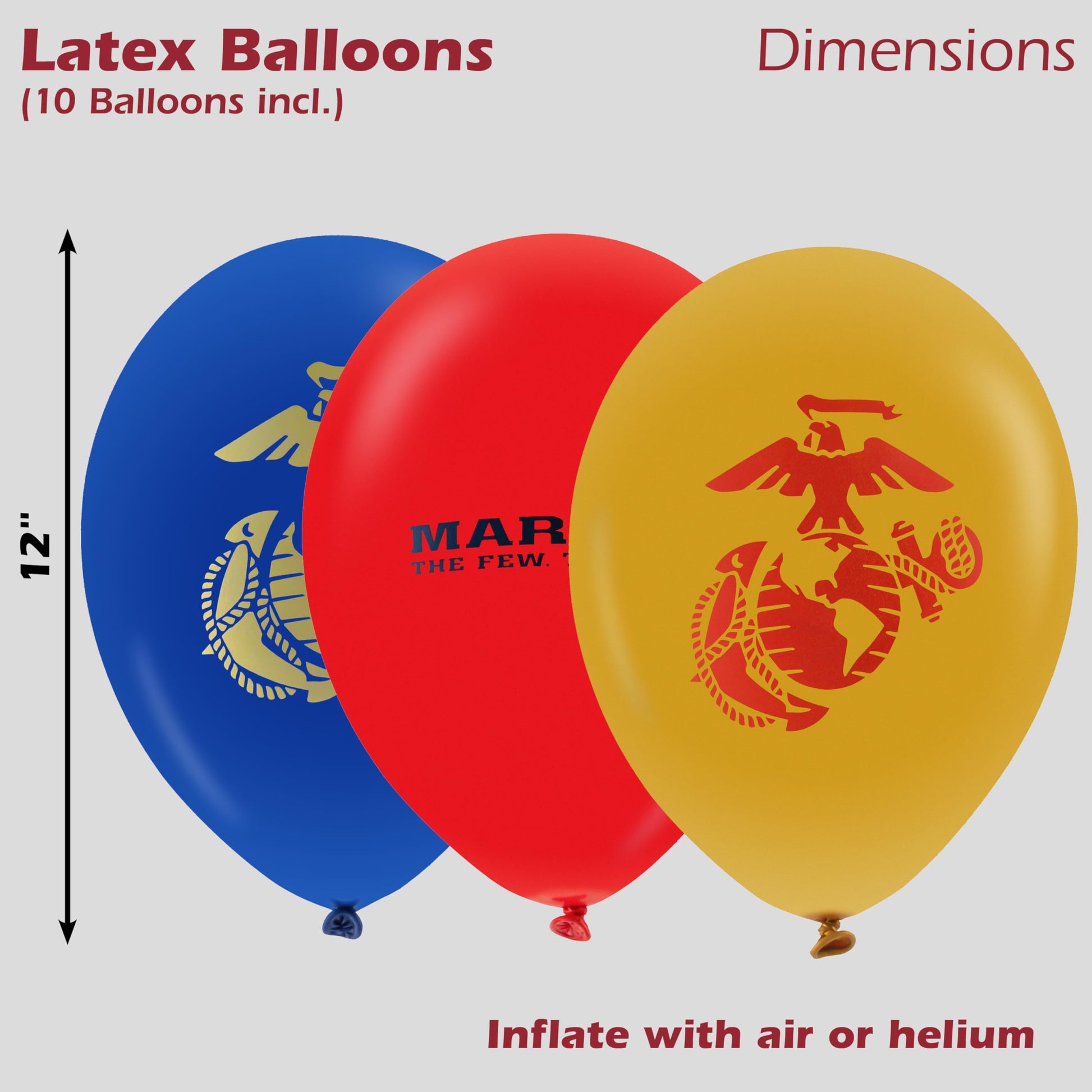 U.S. Marines Party Balloons (10pcs) 12” Latex Balloons in Red, Gold, and Blue with contrasting print on 2 sides. Officially Licensed by
