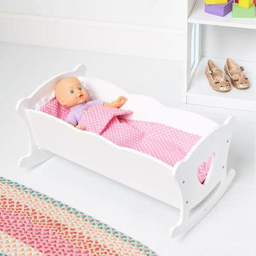 Wildkin Kids Wooden Doll Cradle - Baby Doll Rocking Cradle with Pillow & Blanket, Fits Dolls Up to 20 Inches - White