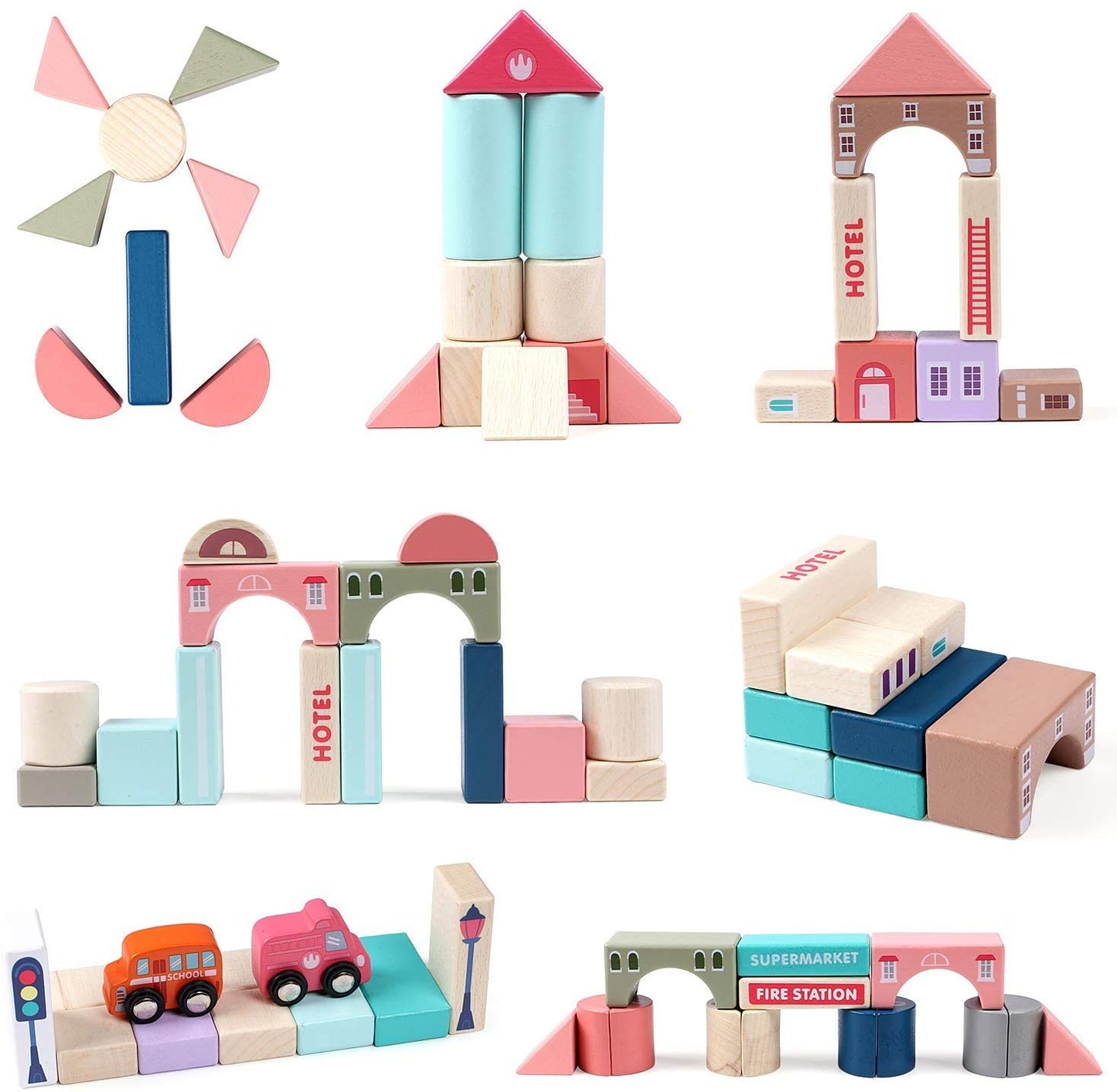 CICITOYWO Wooden Building Blocks Set Wood Kids Construction Stacker Stacking Preschool Learning Educational Preschool Toys Kit for Toddler 3+ Year Old