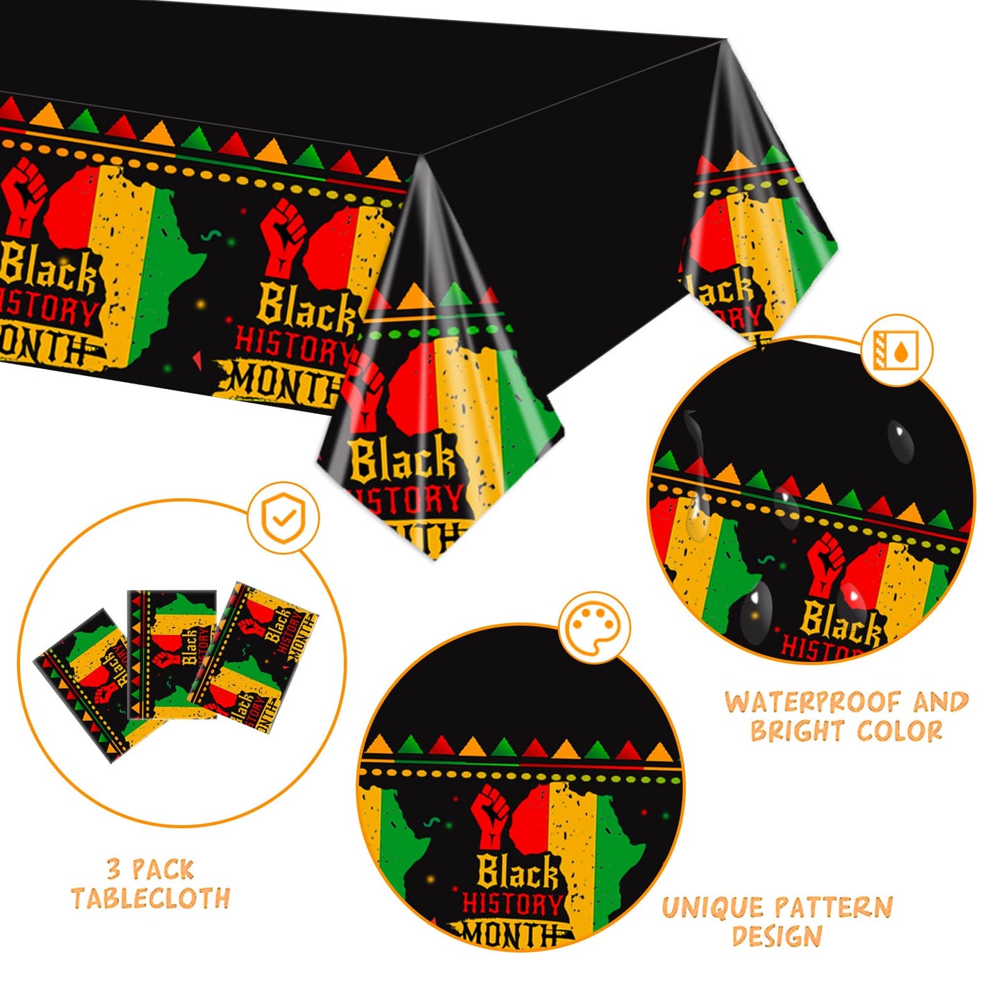 Ertyjikg 3 Pack Black History Month Tablecloths Plastic Disposable Rectangular Tablecloths for African American Heritage Festival Party Dining