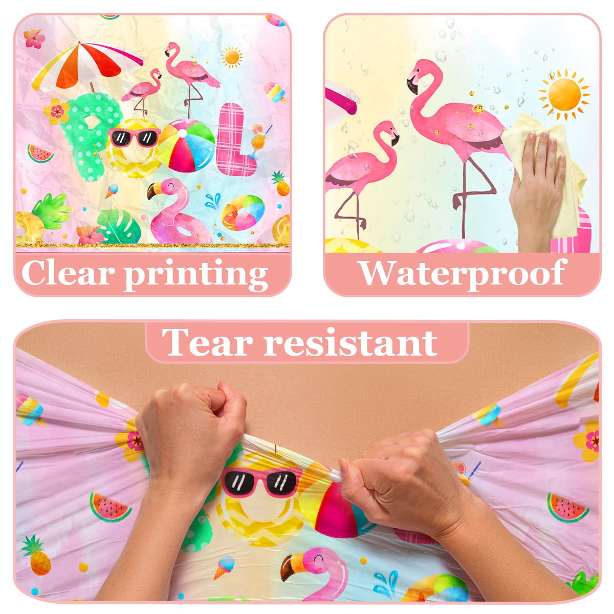 3pcs Pool Party Tablecloth Supplies, Pink Flamingo Pool Table Cover for Summer Beach Birthday Decorations Tropical Hawaiian Luau Party Supplies