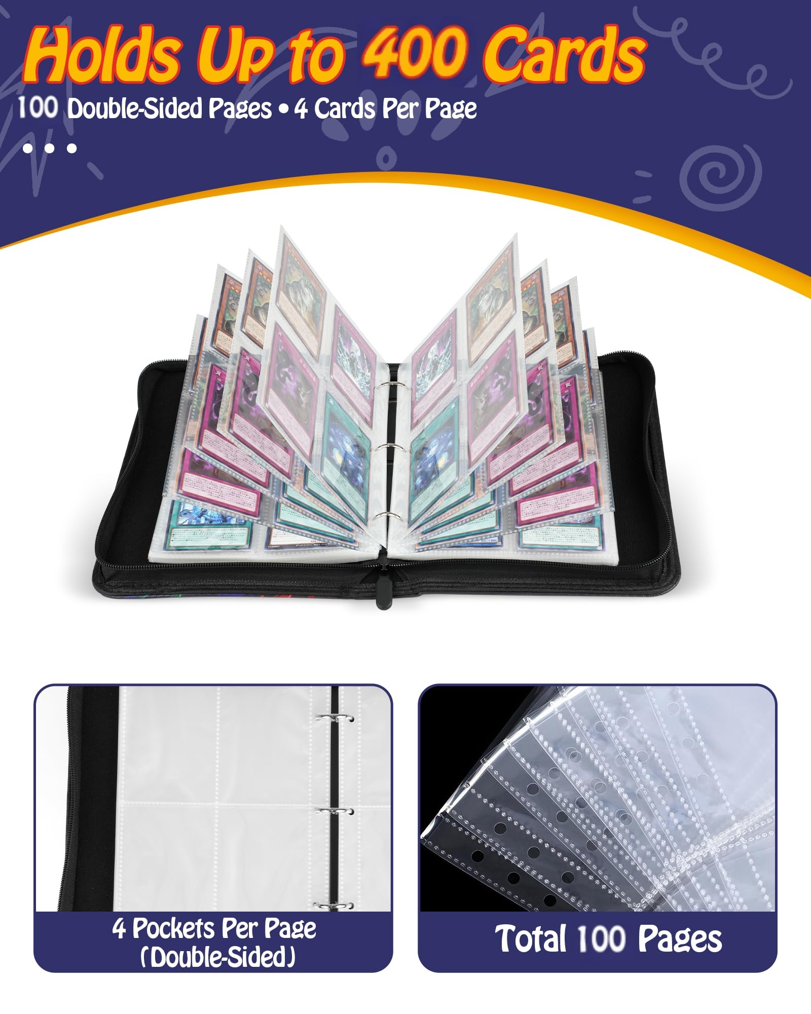 Baseball card binder 4-Pocket holds 400 cards, 100 pages side-loading, PU leather zip waterproof cover, acid-free pages, for home storage & card