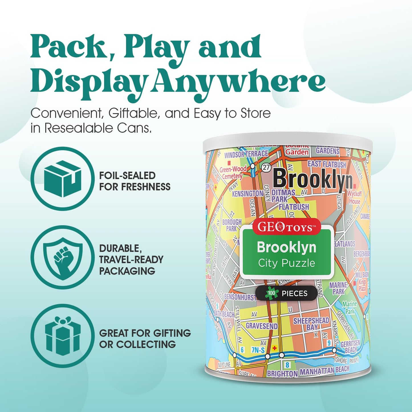Geotoys Brooklyn Mini Puzzle - 100 Piece Puzzles for Kids and Adults in Portable Can, 13" x 10" Educational Travel Puzzle for Ages 7 and Up - Mini