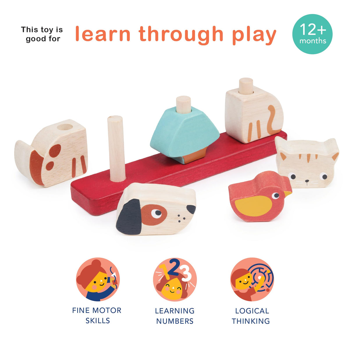Mentari Interactive Pet Stacker Toy, 6-Piece Set, Kitten, Puppy, Bird, Base Board with Pegs