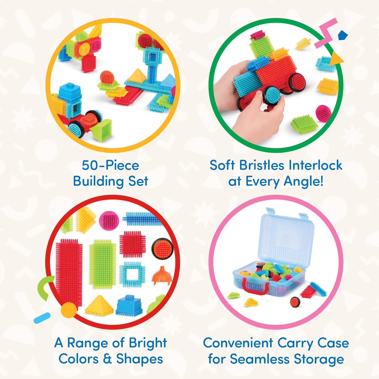 Battat - Bristle Blocks - STEM Interlocking Building Blocks - 50 Pieces Playset - Reusable Carry Case - Developmental Toys for Toddlers & Kids - Basic