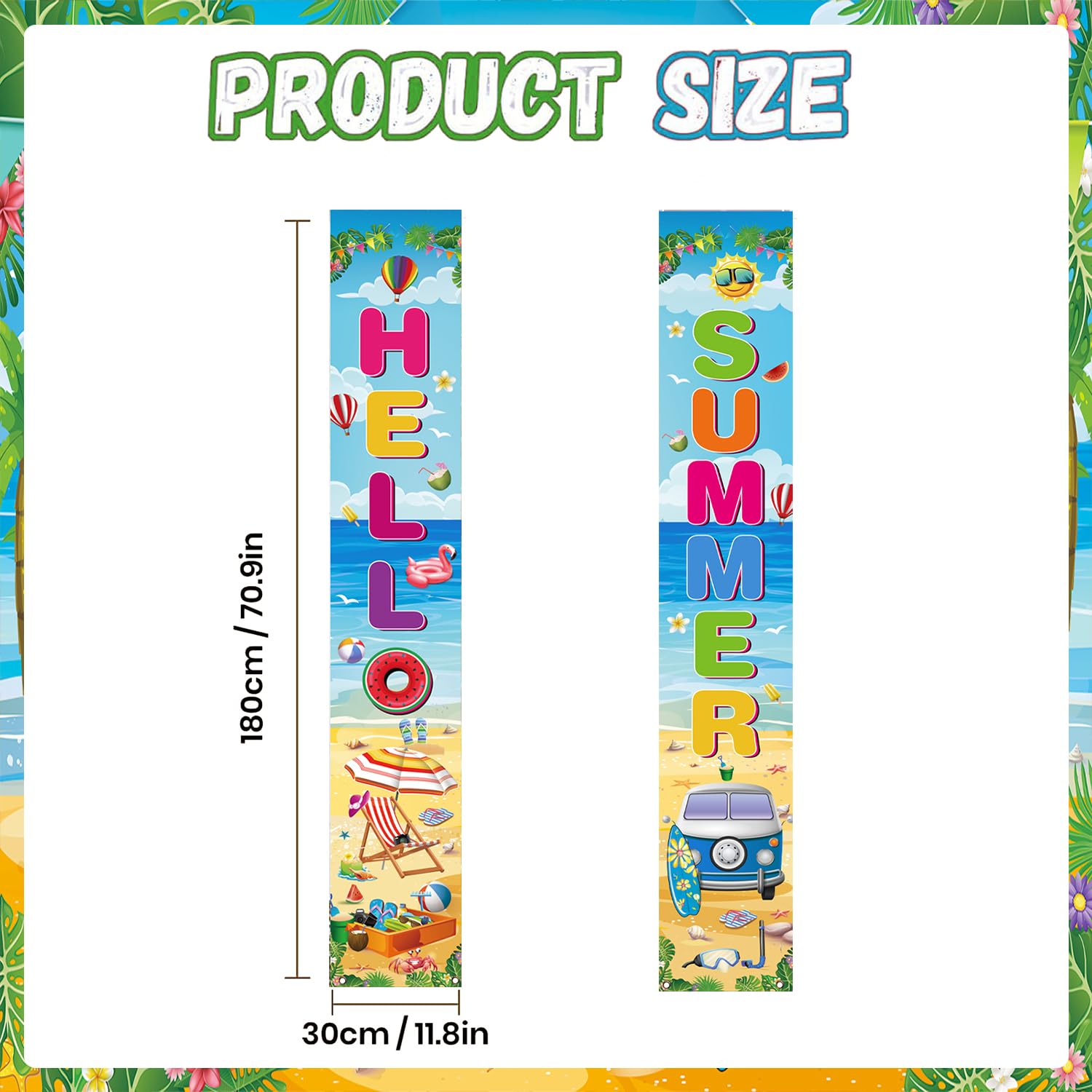 Hello Summer Porch Sign, 2 Pcs Beach Pool Hawaiian Luau Door Banners, 71 x 12 Inch