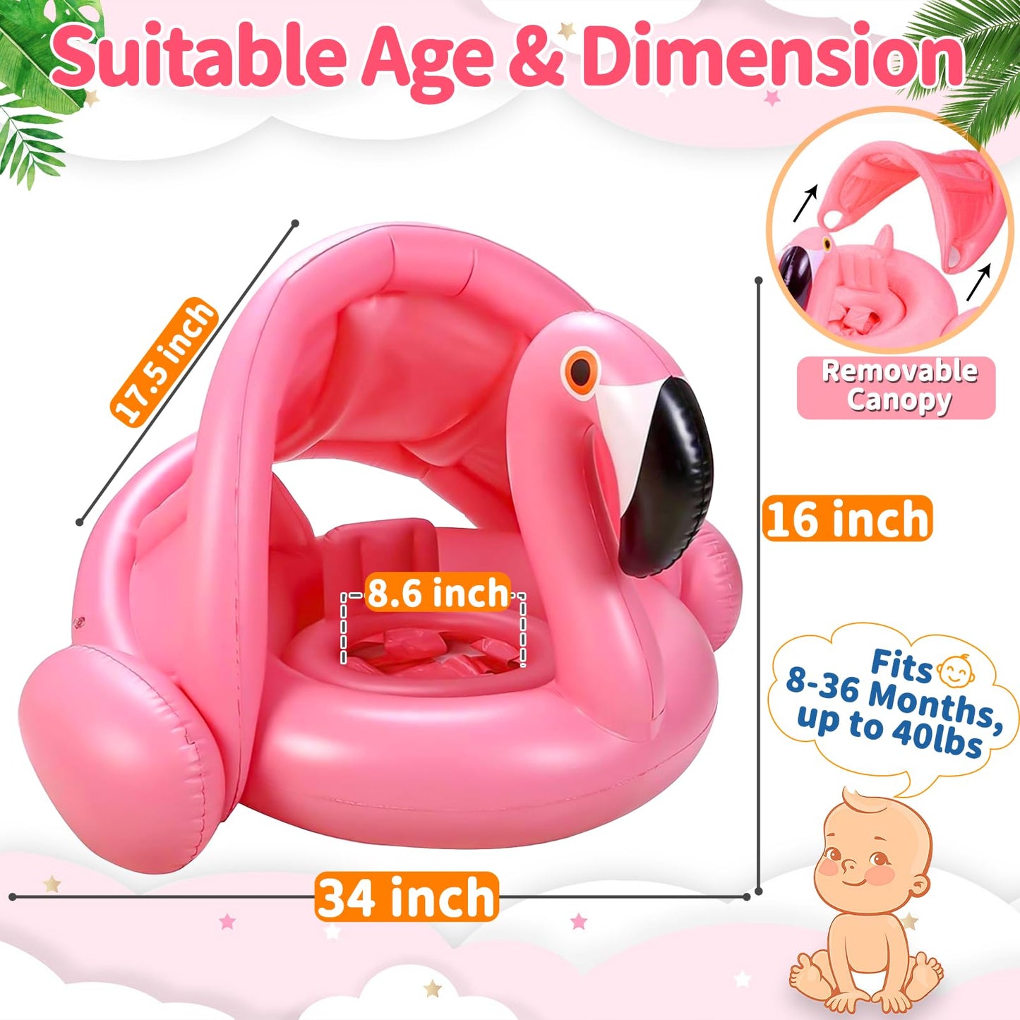 Flamingo Baby Float with Canopy,Baby Pool Float