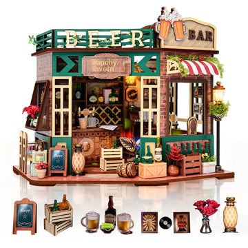 DIY Wooden Miniature House & Book Nook Kits, Bistro Modern Styles Doll House with LED Lights, Furniture, Beginner-Friendly for Adults & Teens,