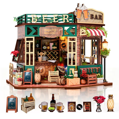 DIY Wooden Miniature House & Book Nook Kits, Bistro Modern Styles Doll House with LED Lights, Furniture, Beginner-Friendly for Adults & Teens,