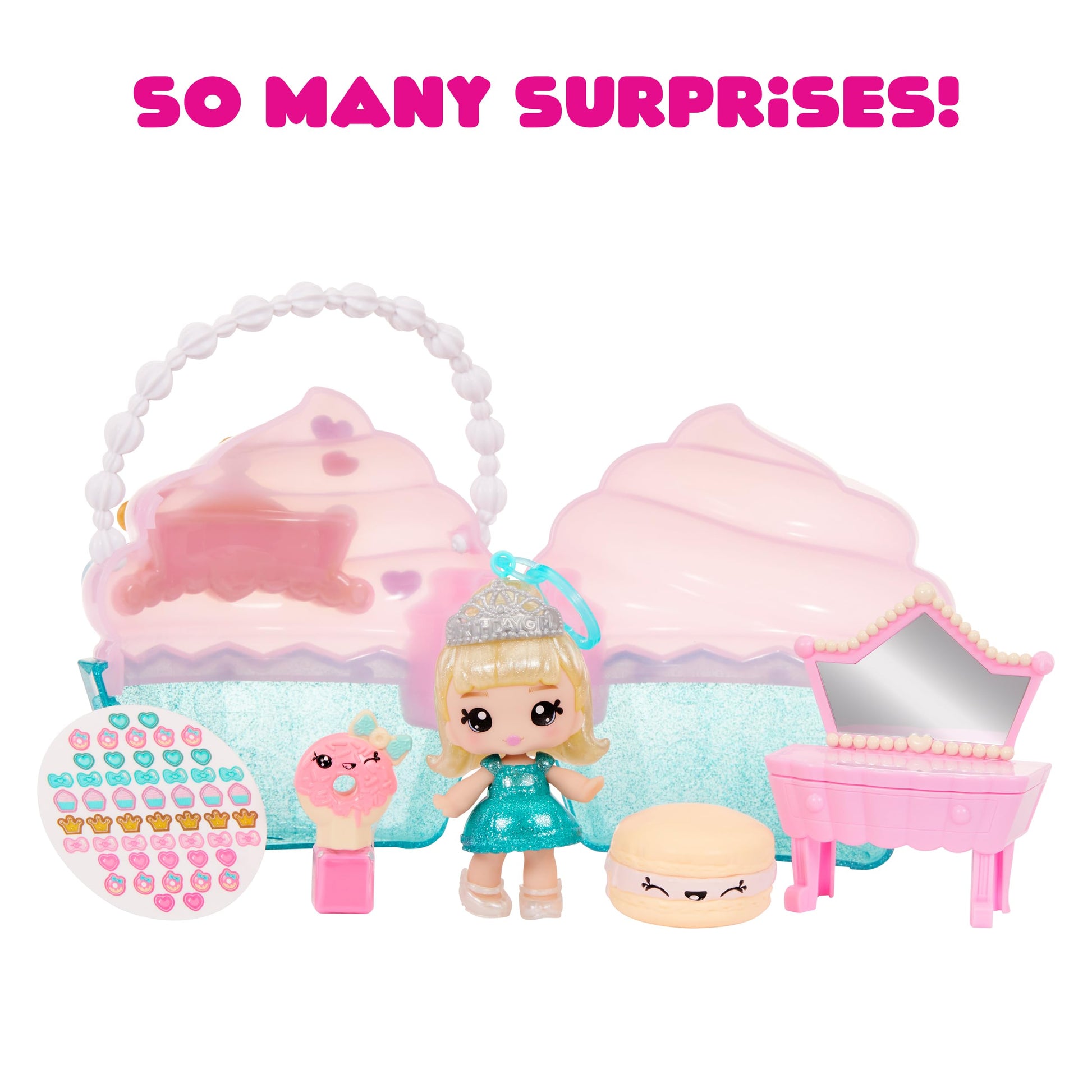 Yummiland Beauty Bag Playset + Lip Gloss Doll - Cupcake Bag Includes Exclusive Callie Birthday Cake, Nail Polish + Nail Stickers, Body Shimmer, Doll