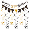 21st Birthday Decoration Kit - Happy 21st Banner Bunting Swirls Streamers, Triangle Flag Banner for Party Decorations - Black and Gold