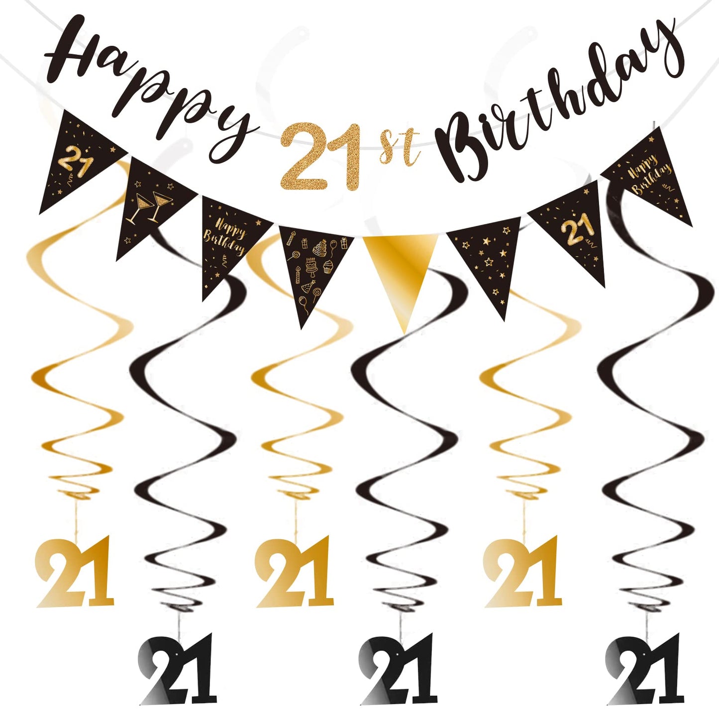 21st Birthday Decoration Kit - Happy 21st Banner Bunting Swirls Streamers, Triangle Flag Banner for Party Decorations - Black and Gold