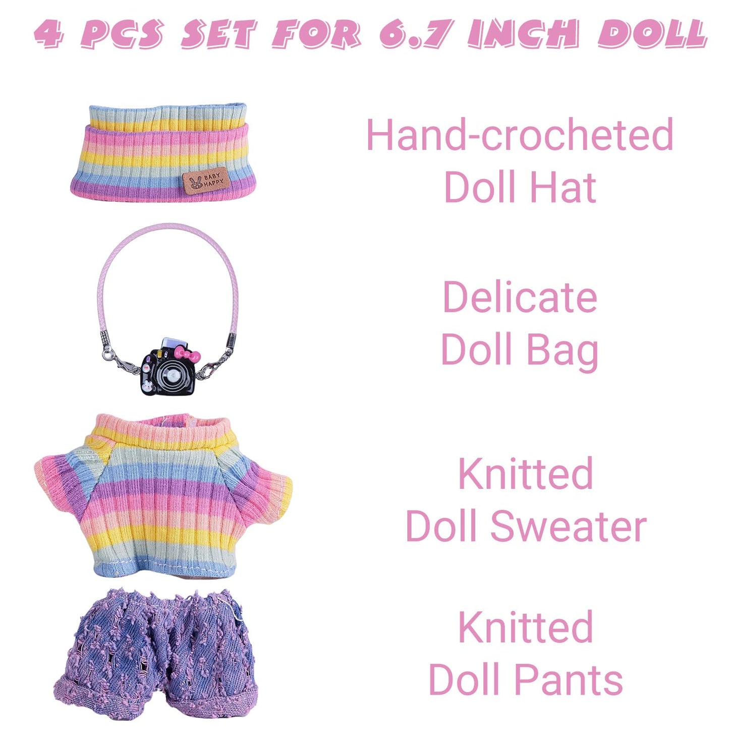 4pcs Handcrafted 15cm/17cm Doll Clothes Set (No Doll), Cute and Premium Outfits Accessories, Hand Crocheted Hat, Sweaters, Skirt, Bag (Rainbow) AK052