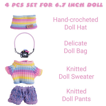 4pcs Handcrafted 15cm/17cm Doll Clothes Set (No Doll), Cute and Premium Outfits Accessories, Hand Crocheted Hat, Sweaters, Skirt, Bag (Rainbow) AK052