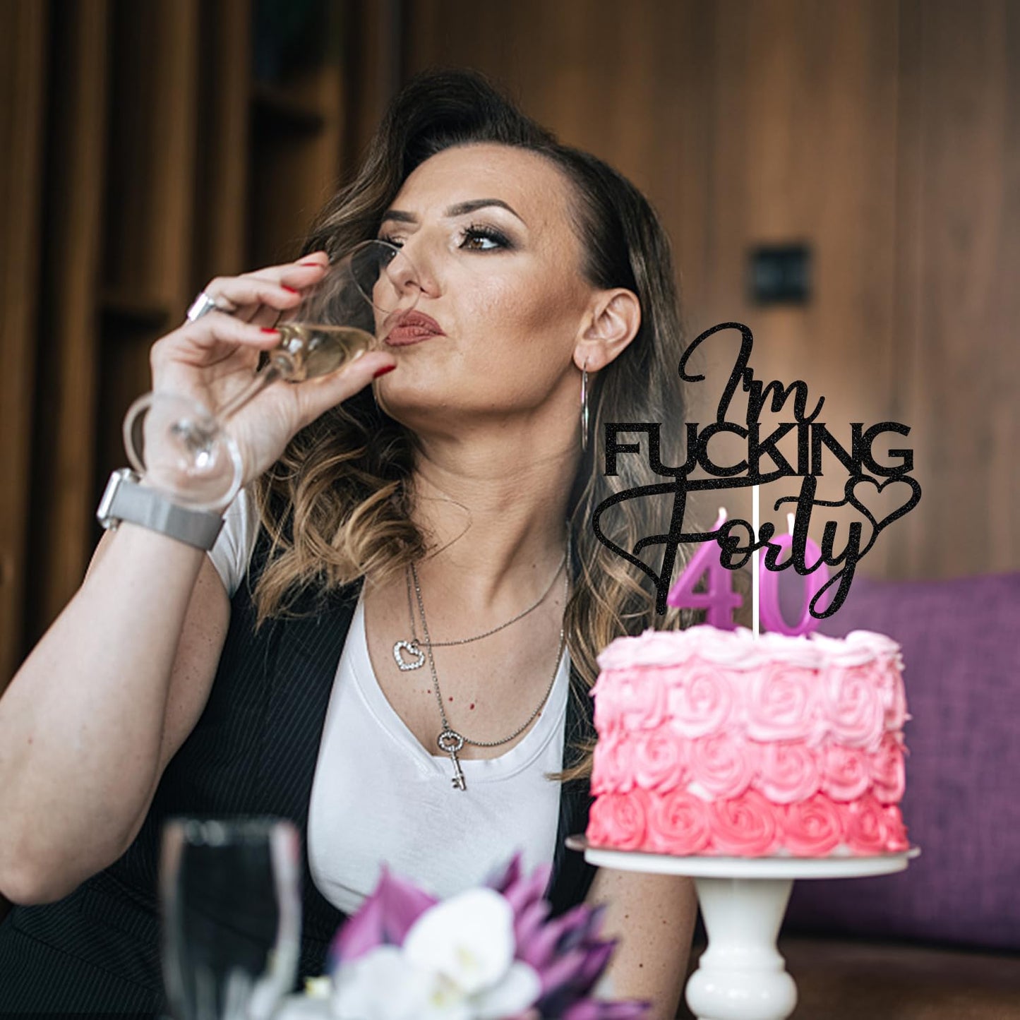 Black Glitter I'm Fucking Forty Cake Topper, Cheers to 40 Years/Happy 40th Birthday/Death to My 30's, Funny 40th Birthday Party Decorations For Women