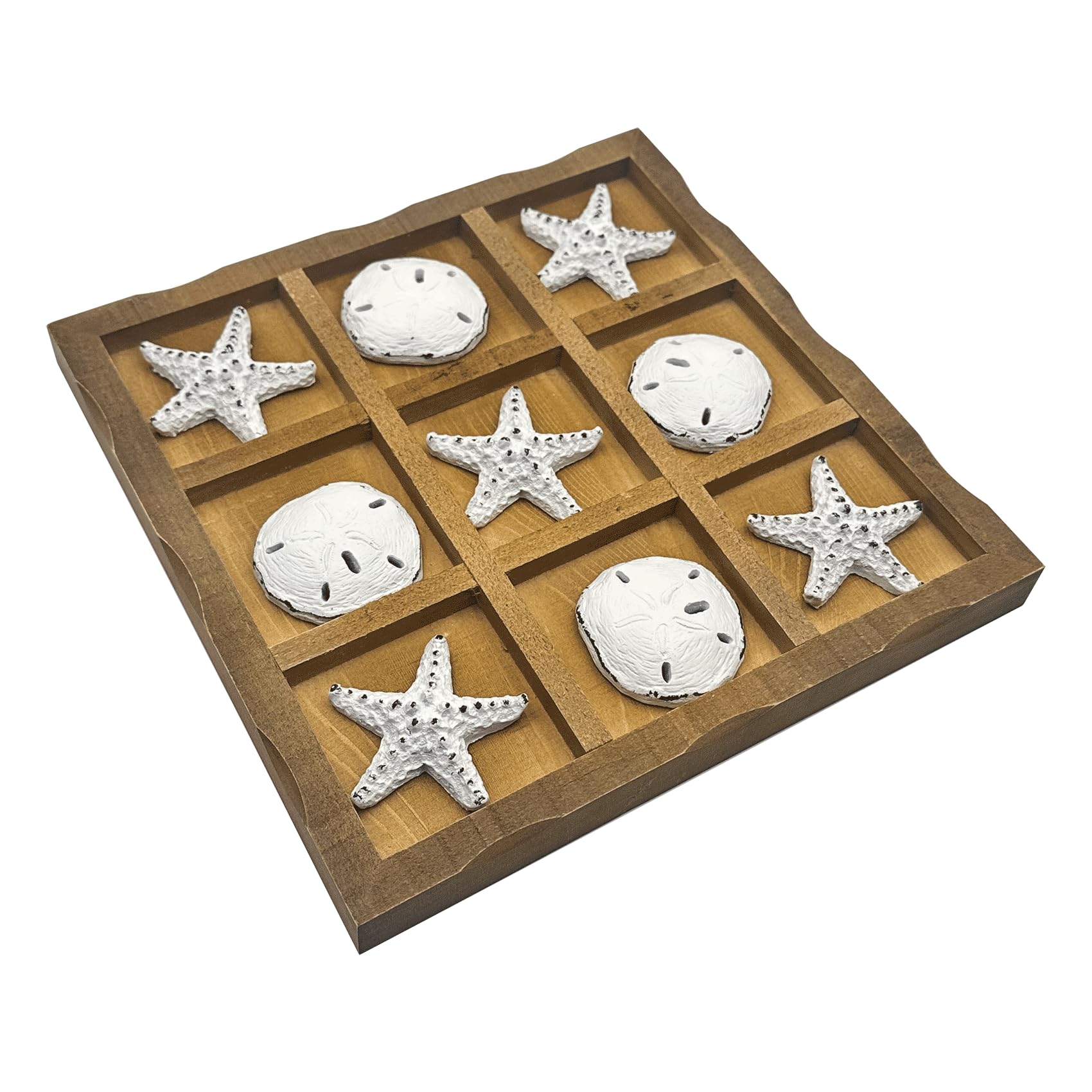 Wowme Wooden Tic - Tac - Toe Beach Game Board with Sand Dollars & Starfish - Perfect for Family & Party Fun