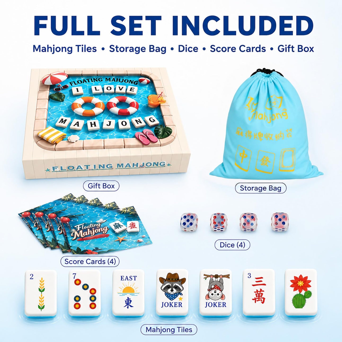 Floating Mahjong Tiles Set for Pool - 160 American Mahjong Tiles, Waterproof EVA Foam, Floats in Water, 4 Dice, 4 Rule Cards & Bag | Summer Pool