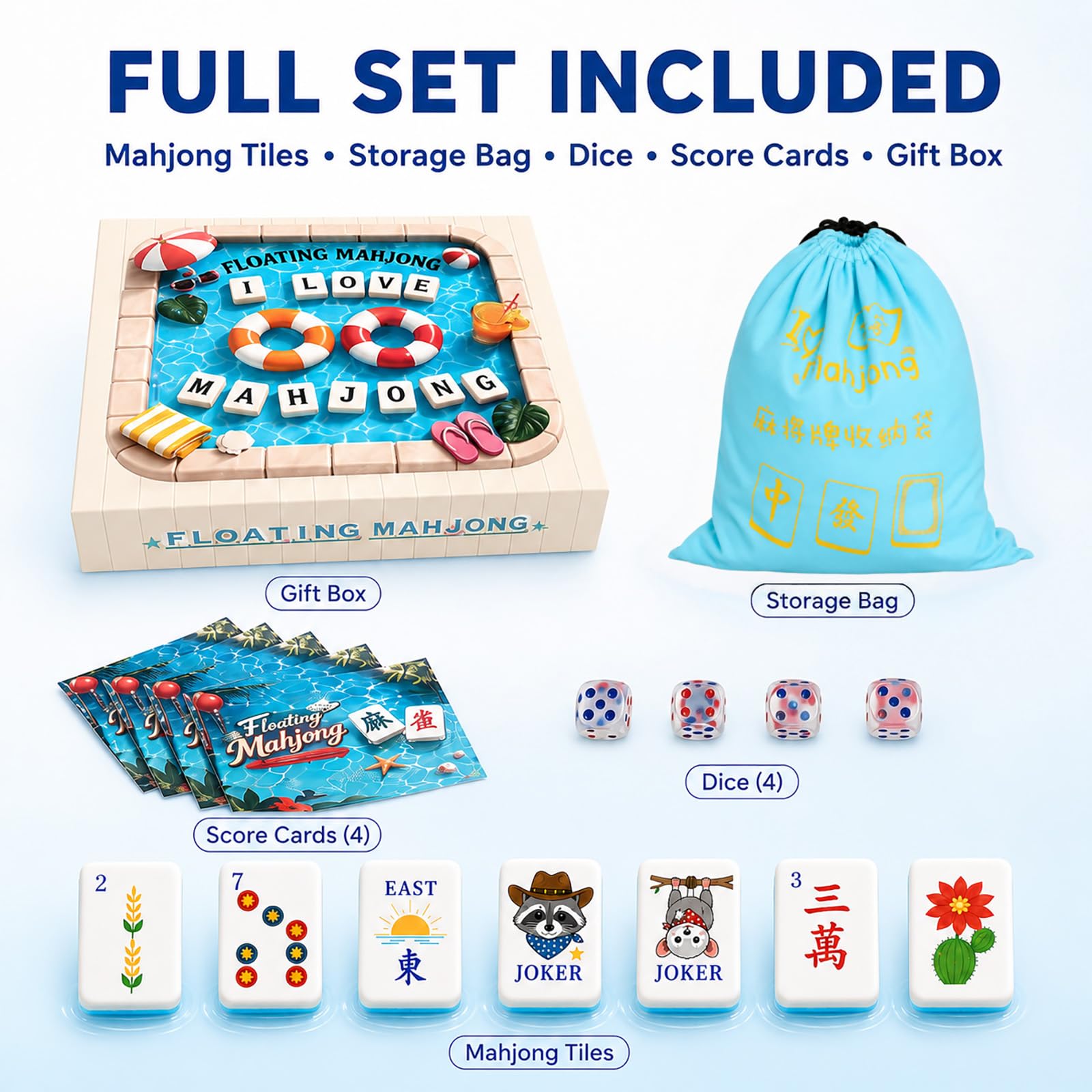 Floating Mahjong Tiles Set for Pool - 160 American Mahjong Tiles, Waterproof EVA Foam, Floats in Water, 4 Dice, 4 Rule Cards & Bag | Summer Pool