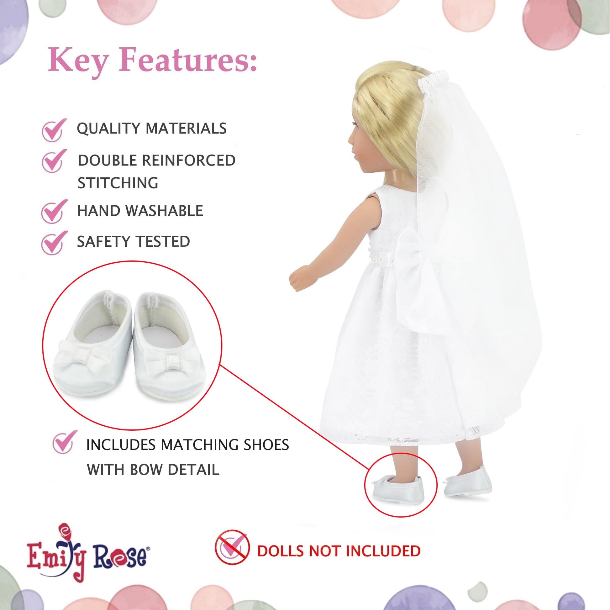 Emily Rose 14" Doll Bridal First Communion Dress 3-PC Outfit - White Lace Gown, Veil & Shoes | Glitter Girls & Wellie Wishers Compatible | USA Brand