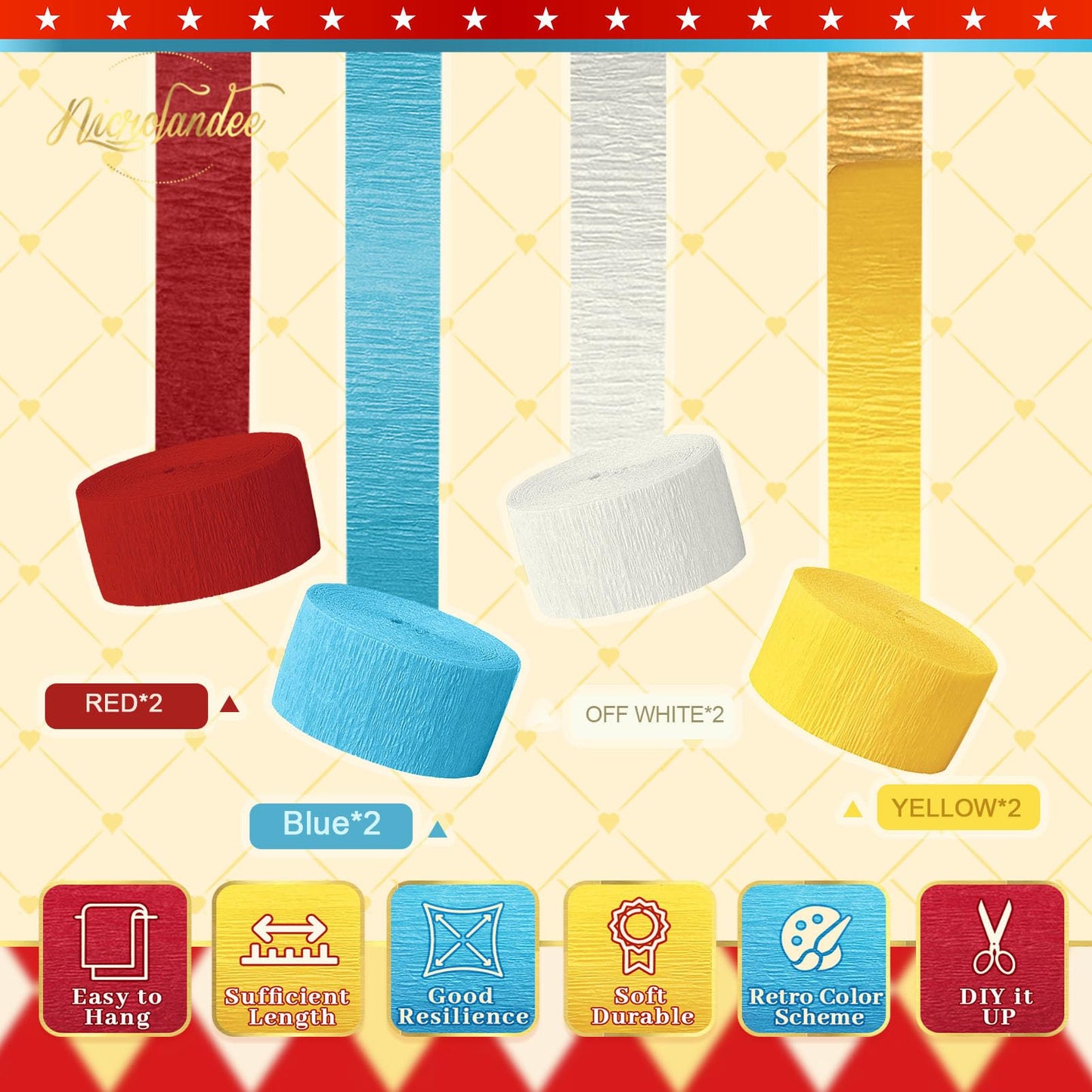 NICROLANDEE Party Streamers Decorations - 8 Rolls Red Blue Yellow Crepe Paper Streamers Tassels Streamer Paper for Birthday Party, Baby Shower, Class