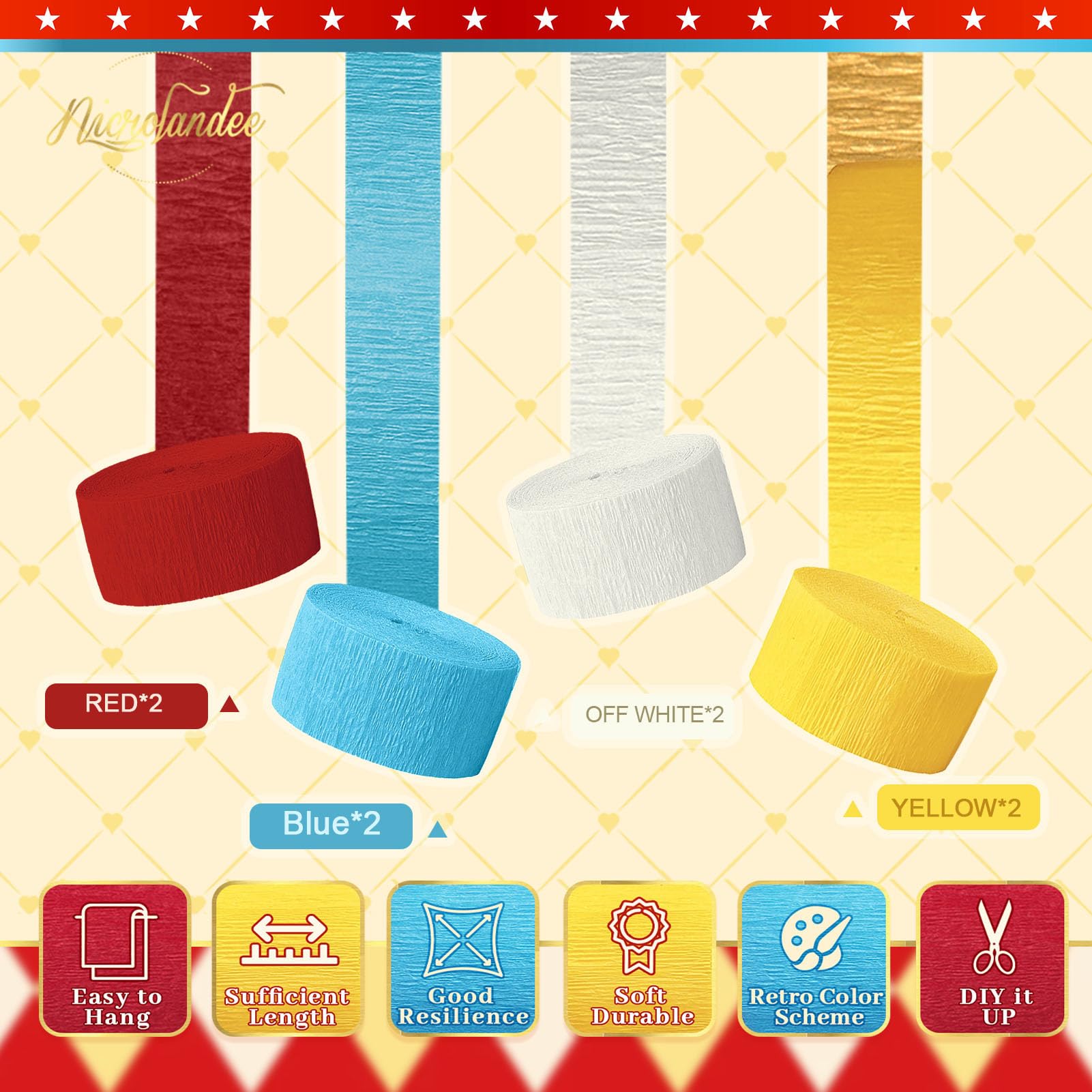 NICROLANDEE Party Streamers Decorations - 8 Rolls Red Blue Yellow Crepe Paper Streamers Tassels Streamer Paper for Birthday Party, Baby Shower, Class