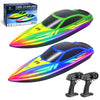Cirmine RC Boat 2 Pack Remote Control Boats with 7-Mode Colorful LED Lights, 10 Inch RC Boats, 15KM/H High Speed, 2.4GHz Remote, 3 Speed Modes, 4
