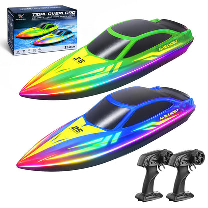 Cirmine RC Boat 2 Pack Remote Control Boats with 7-Mode Colorful LED Lights, 10 Inch RC Boats, 15KM/H High Speed, 2.4GHz Remote, 3 Speed Modes, 4