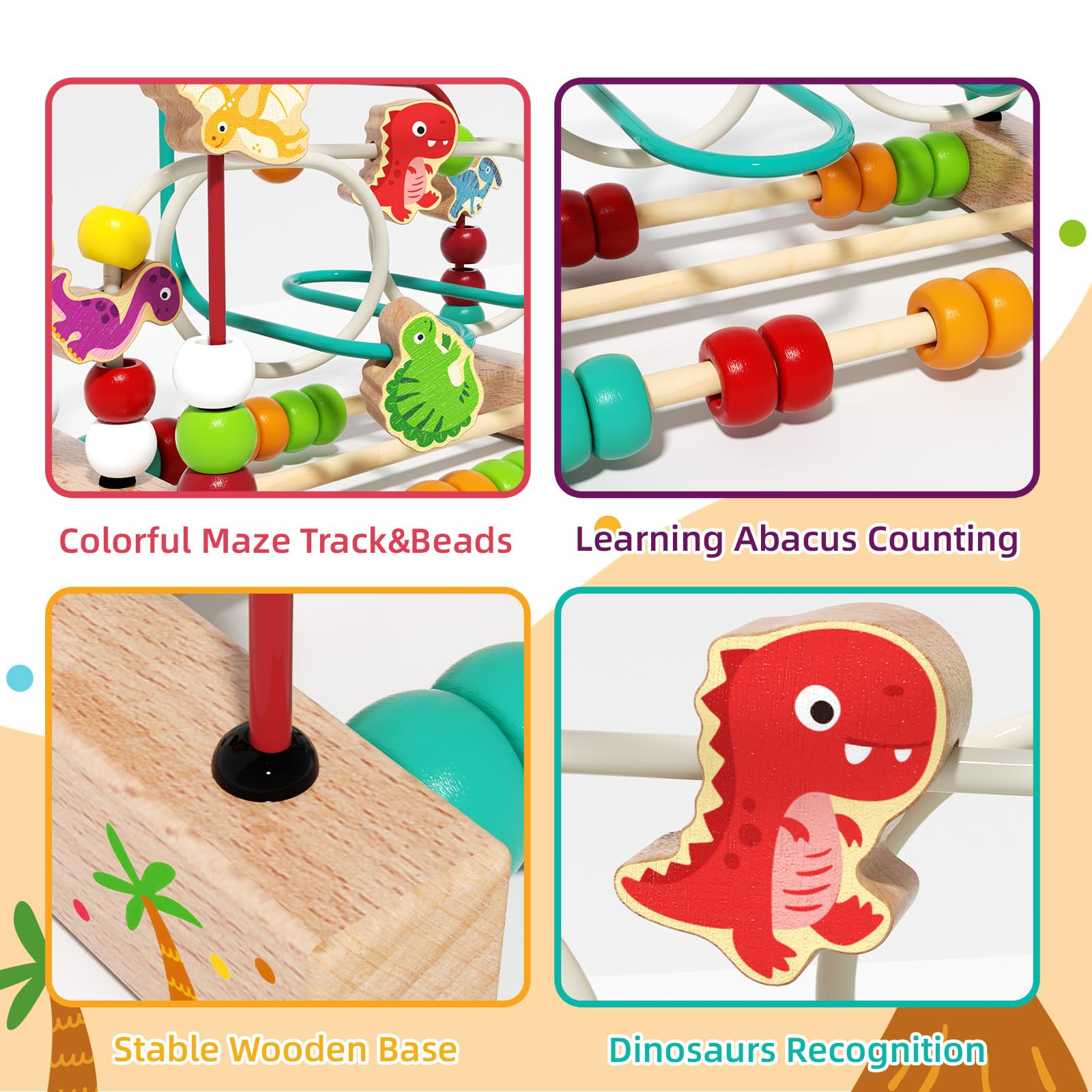 edutree Wooden Bead Maze Roller Coaster Toys for Toddlers, Dinosaur Colorful Shape Montessori Toys for 2-3 Year Old, Educational Learning Counting Toy